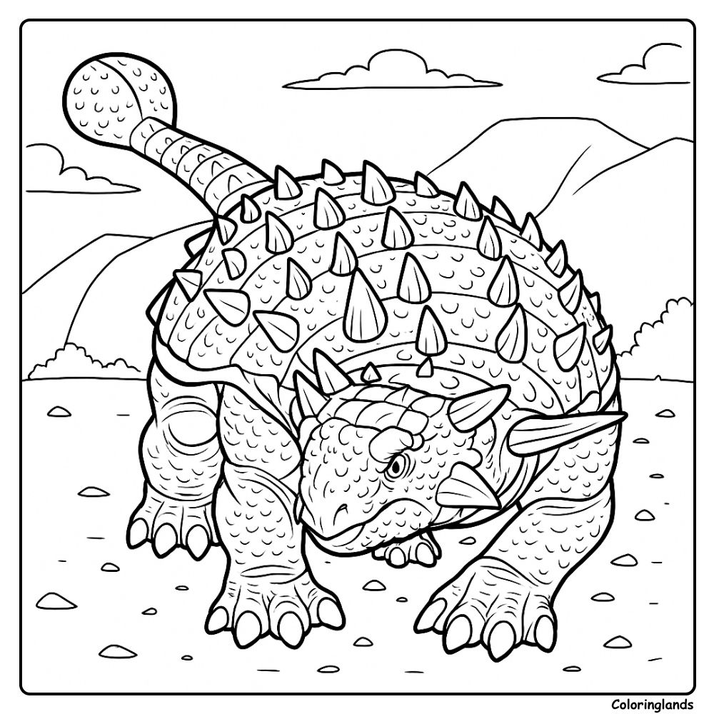Ankylosaurus kleurplaat met stekelige staart en bergen