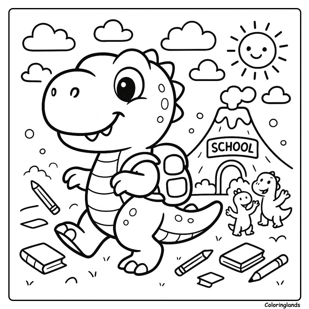 Baby t rex kleurplaat met rugzak, potloden en een lachende zon