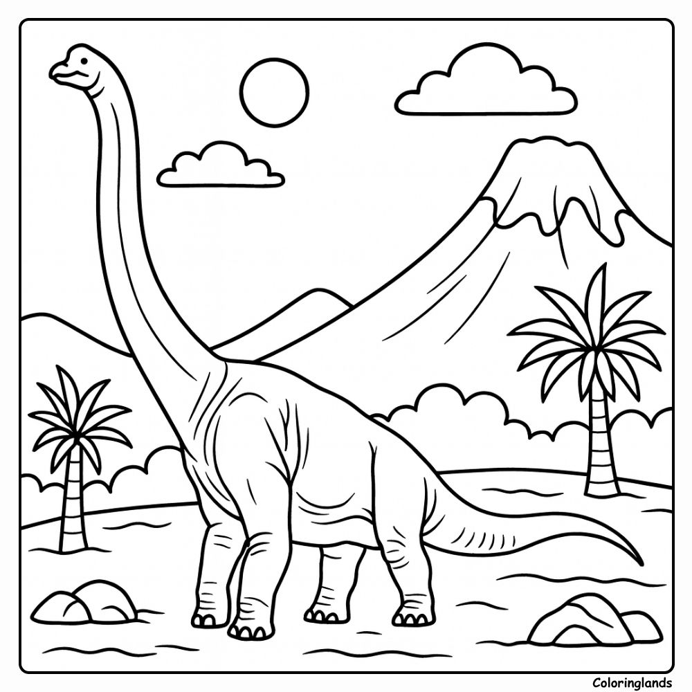 Brachiosaurus kleurplaat met lange nekken, bomen en vogels