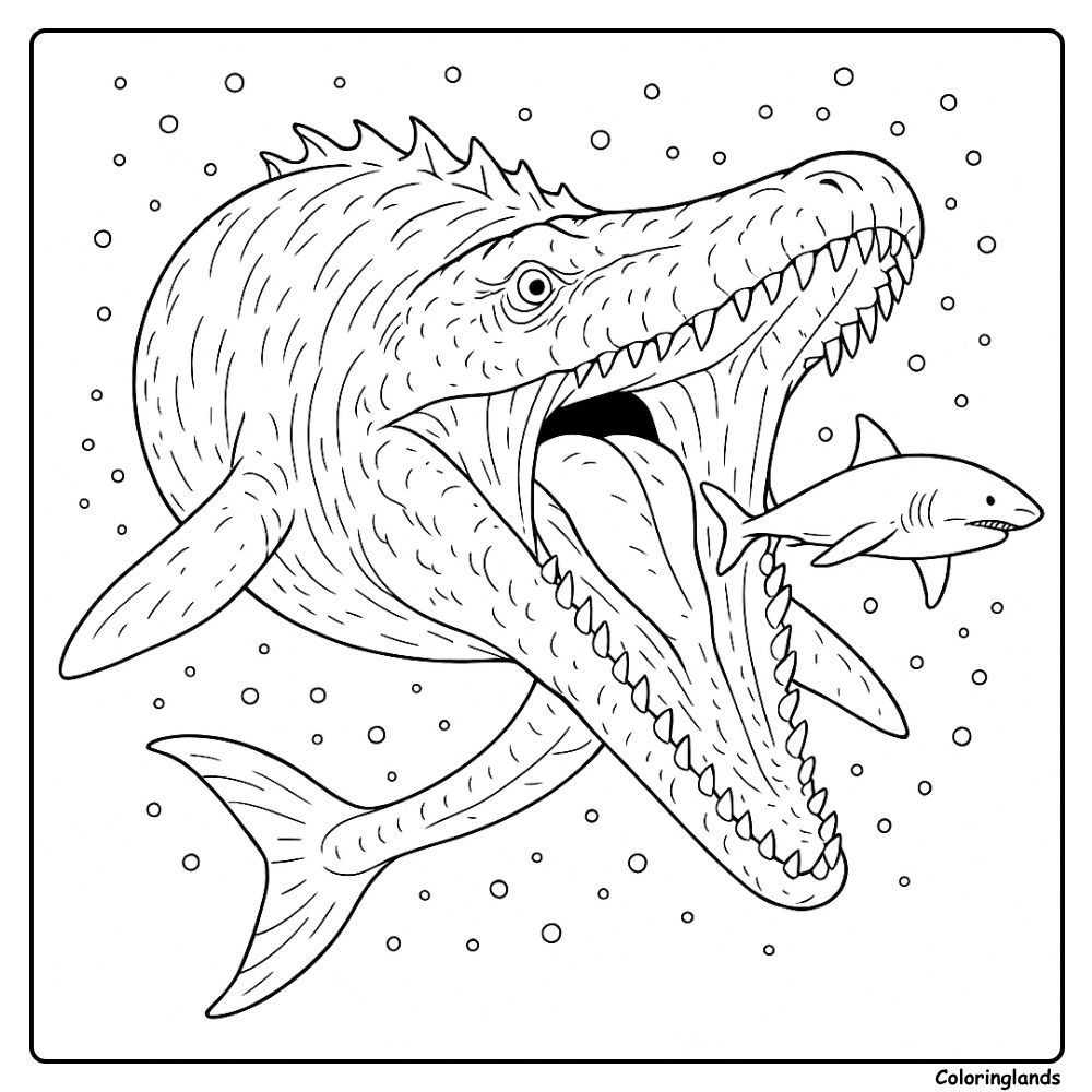 Kleurplaat mosasaurus dinosaurus met open kaken en snelle prooi