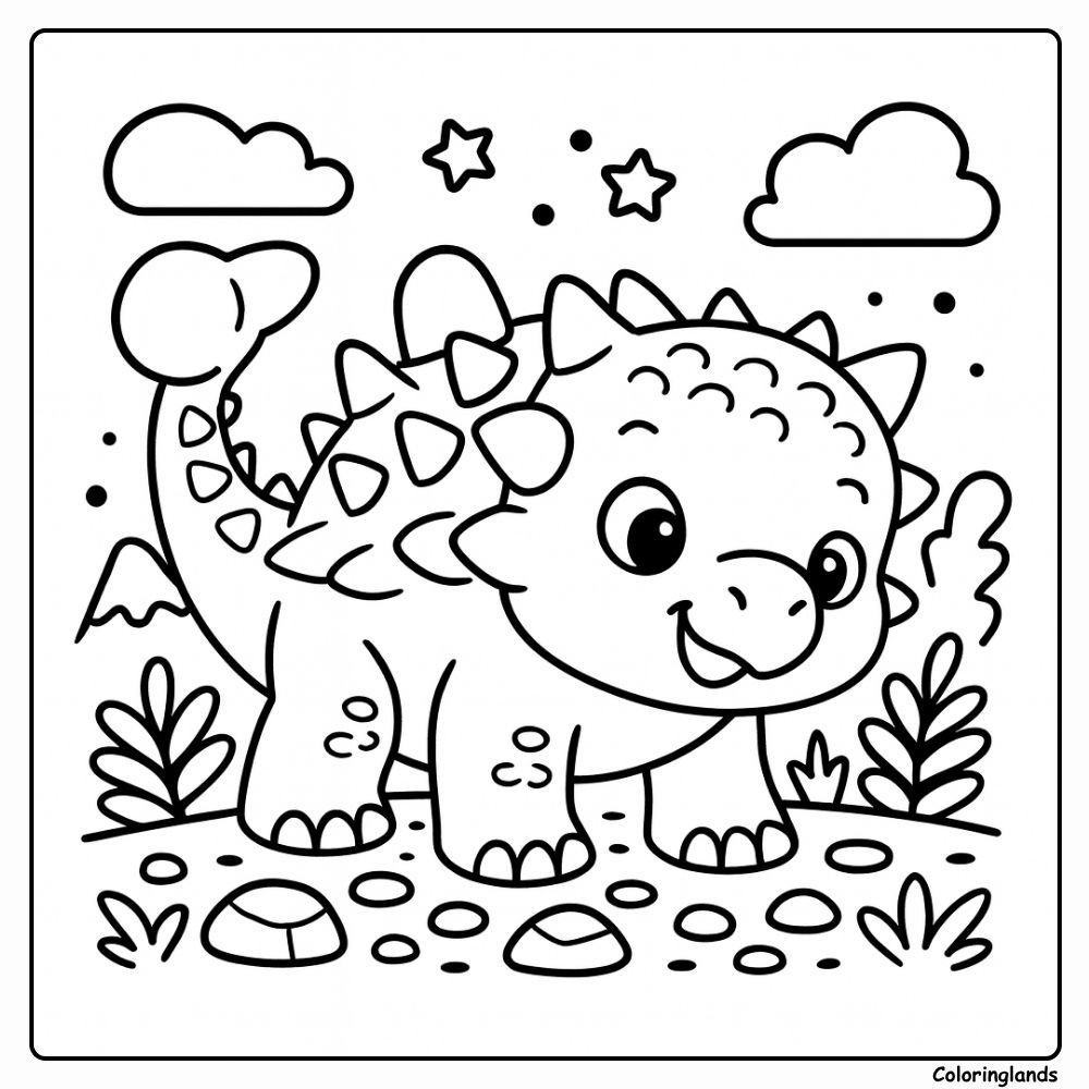 Kleurplaat van baby ankylosaurus met stekels en een heldere lucht