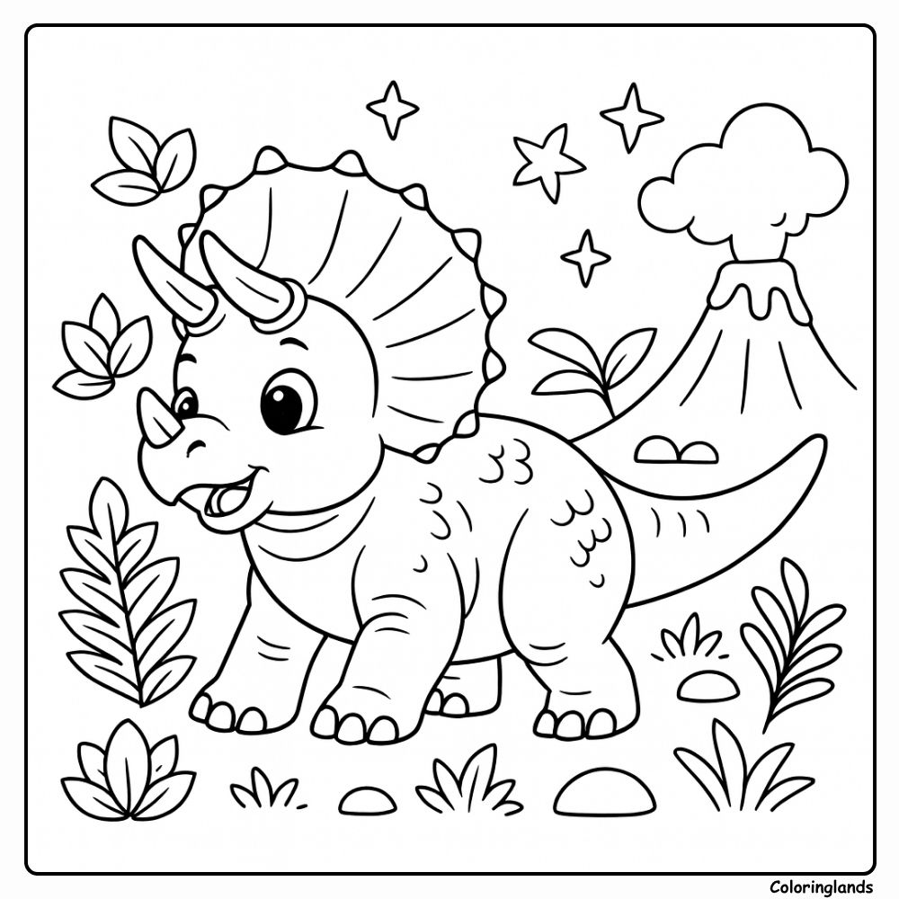 Kleurplaat van baby triceratops dinosaurus met vulkaan en planten
