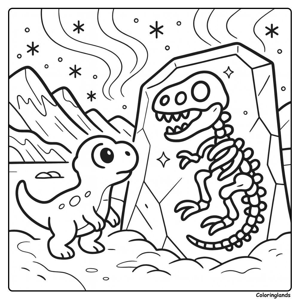 Kleurplaat van dinosaurusfossiel met kristallen botten en sterrenhemel