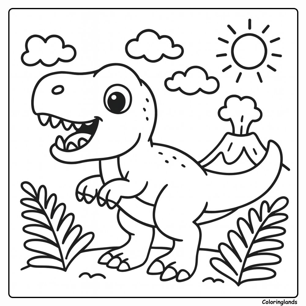 Kleurplaat van een baby t-rex dinosaurus met vulkaanwolken en planten