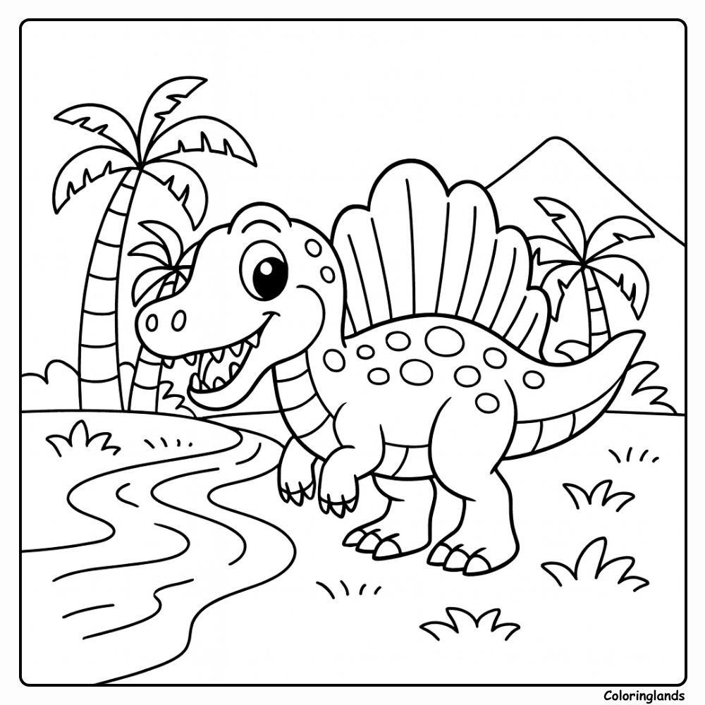 Kleurplaat van een cartoon baby spinosaurus dinosaurus met palmbomen
