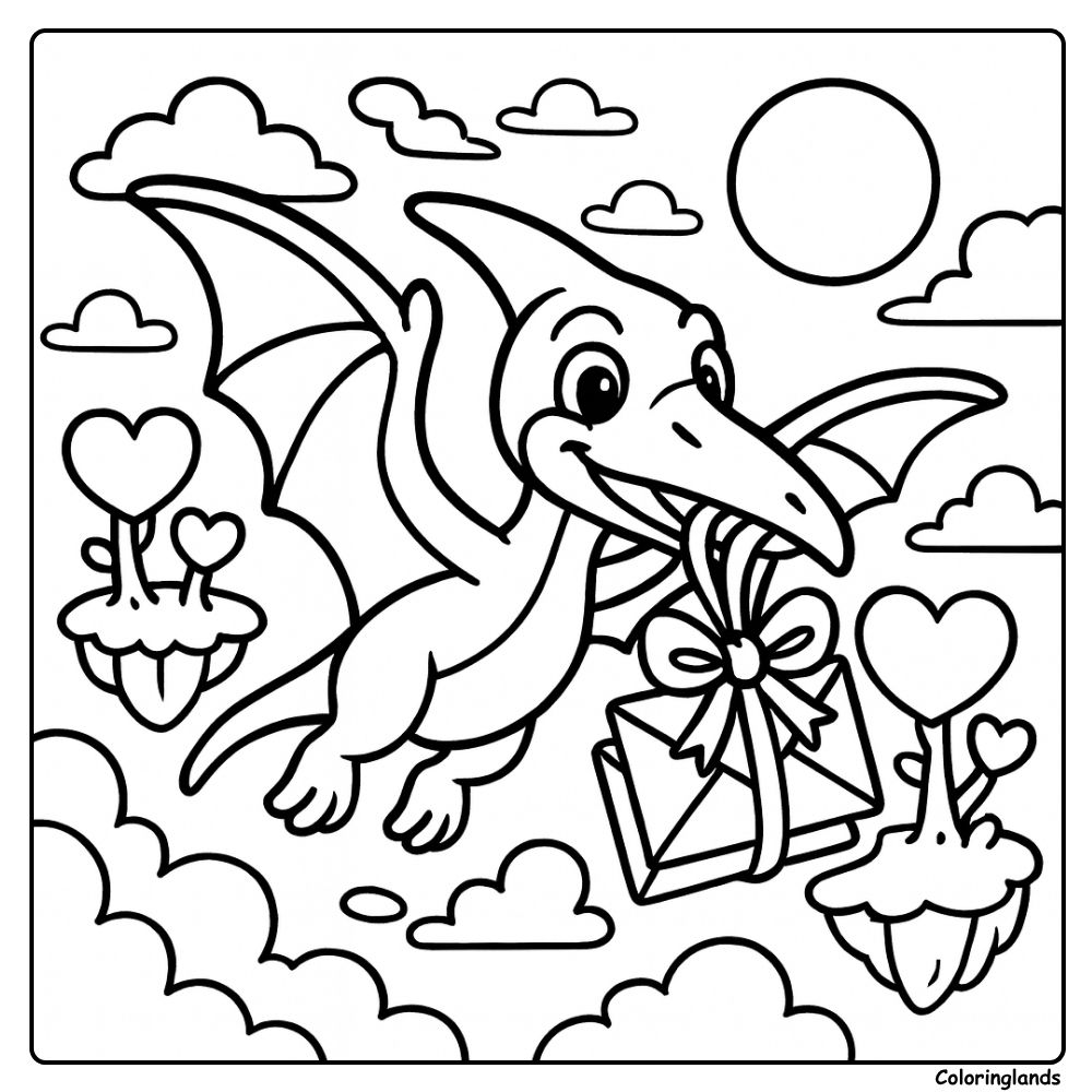 Kleurplaat van vliegende dinosaurus met pterosaurus en pakje