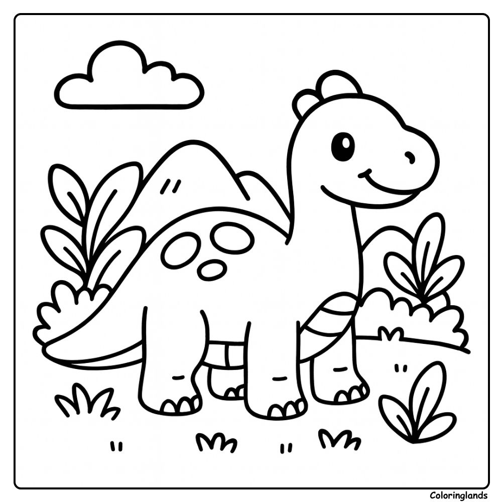 Leuke dino kleurplaat schattige dino bij heuvels en groene planten