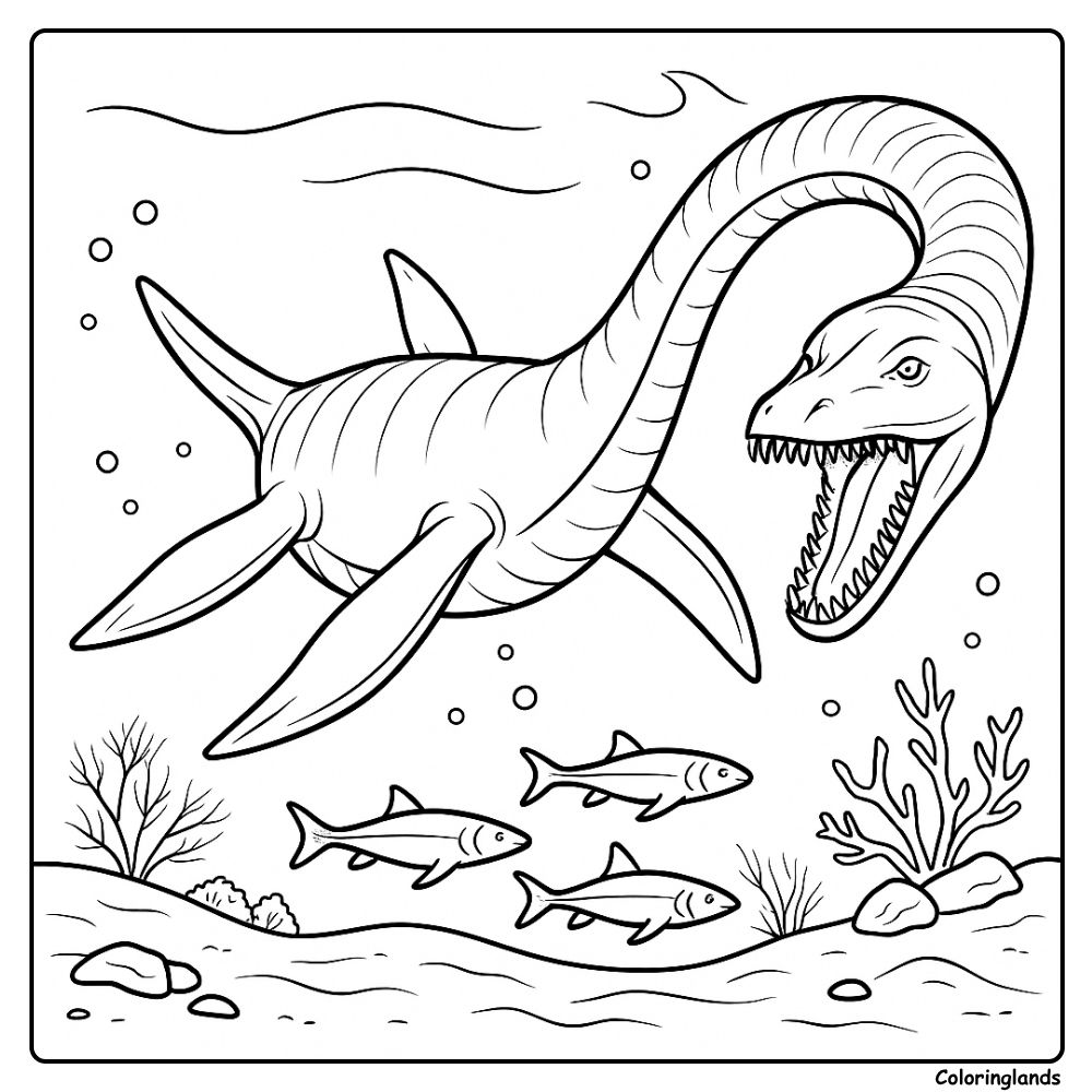 Plesiosaurus waterdinosaurus kleurplaat met vissen en rif