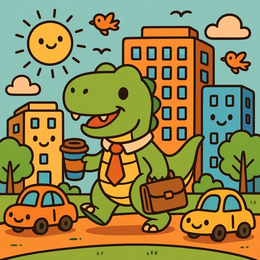 Schattige t rex kleurideeën met koffie, auto's en hoge gebouwen