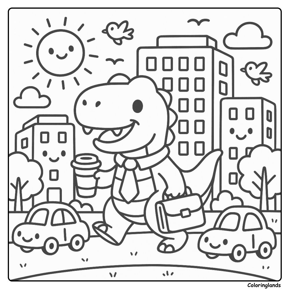 Schattige t-rex kleurplaat met een vrolijke zon, auto's en hoge gebouwen