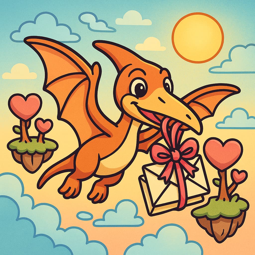 Pterosaurus die lintenbrieven bezorgt in een zonnige lucht kleuridee