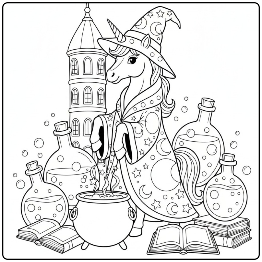 Magische unicorn kleurplaat met tovenaar en drankjes.