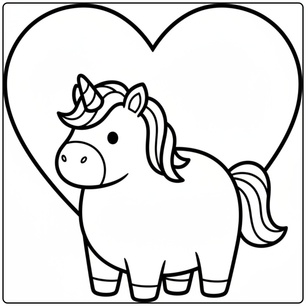 Lieve unicorn kleurplaat met hart. Kleur de magische eenhoorn in!