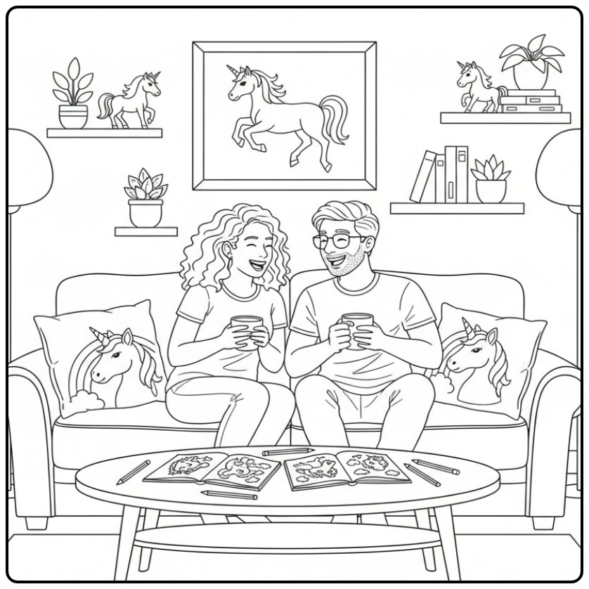 Leuke unicorn kleurplaat van een ontspannen stel op de bank