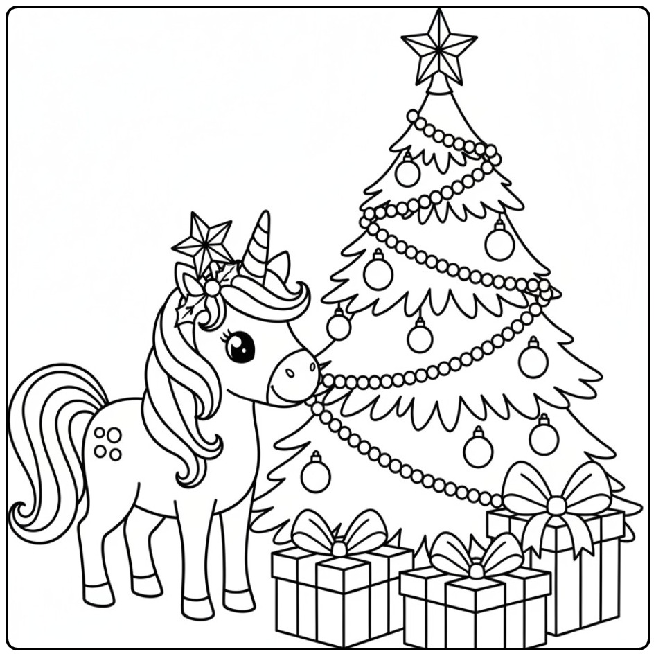 Kleurplaat kerst unicorn met cadeautjes en kerstboom feestelijk.