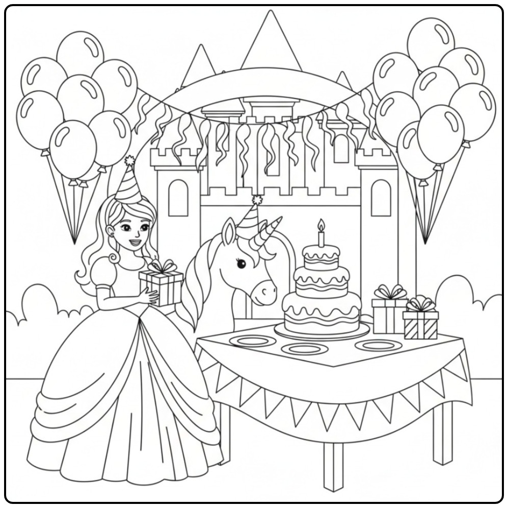 Kleurplaat van een vrolijke prinses en een eenhoorn: kleurplaat prinses eenhoorn
