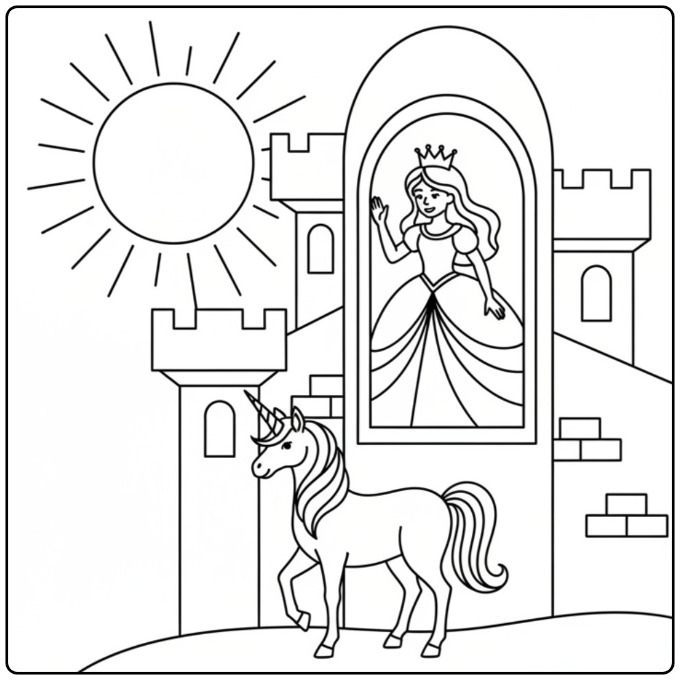 Kleurplaat met eenhoorn en prinses, perfecte kleurplaat prinses eenhoorn!