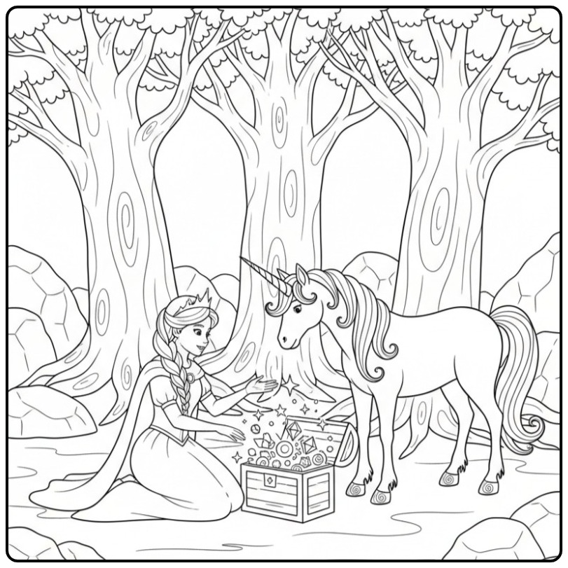 Kleurplaat prinses eenhoorn met schatkist in het bos.