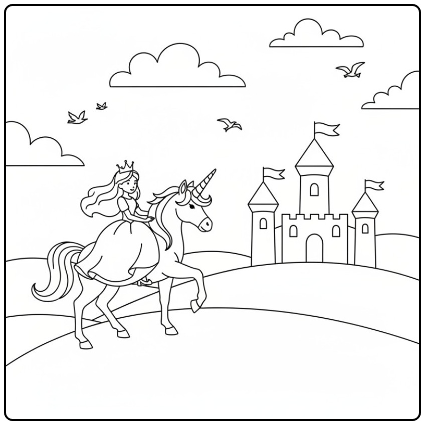 Kleurplaat van een mooie prinses op een schattige eenhoorn