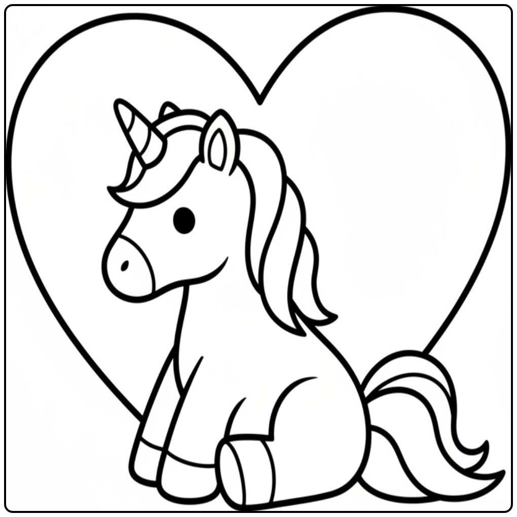 Een schattige kleurplaat unicorn hartjes met een liefhoofdige eenhoorn.