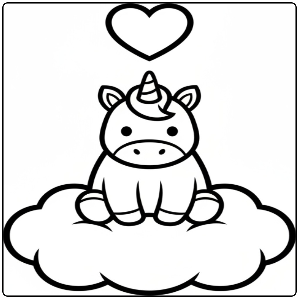 Een kleurplaat unicorn hartjes zit op een wolkje, lief toch?