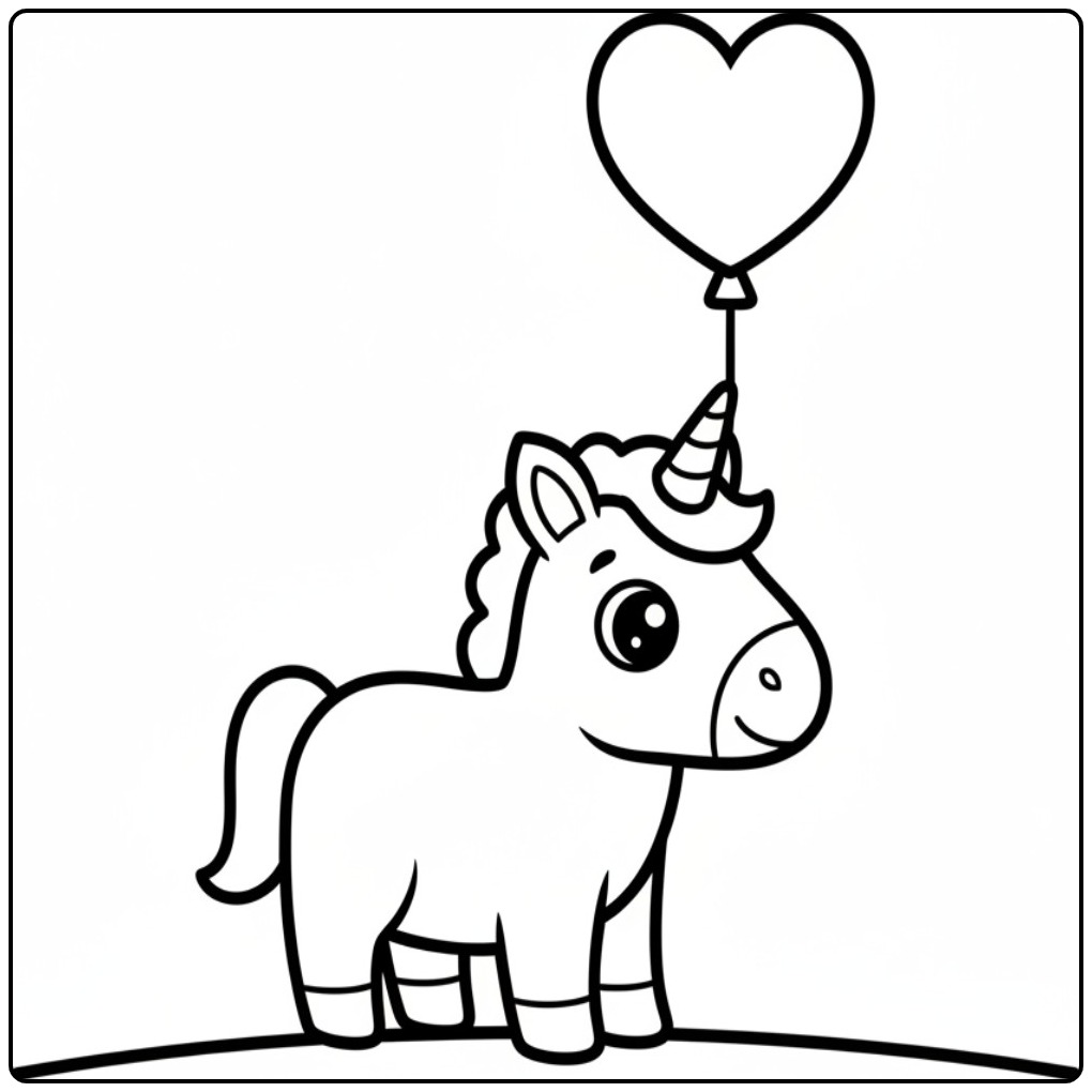 Kleurplaat unicorn hartjes met ballon voor creatieve kinderen.
