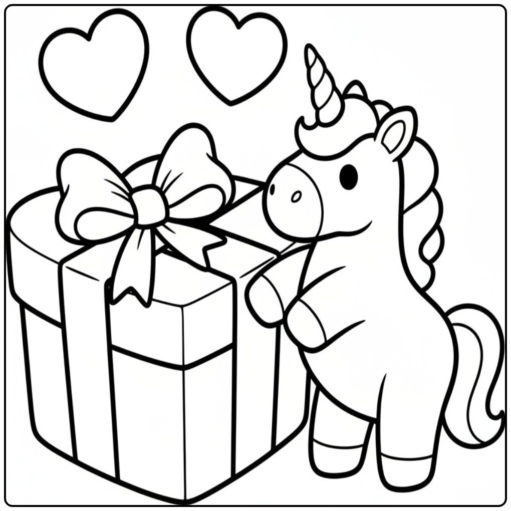 Kleurplaat unicorn hartjes met cadeau en liefdevolle vormen.