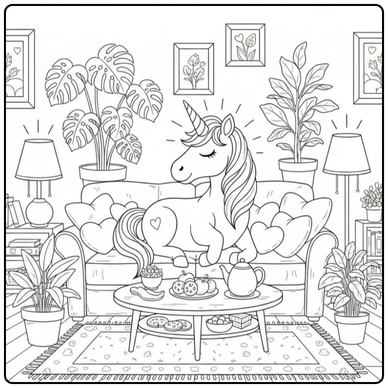 Kleurplaat unicorn hartjes zit heerlijk op de bank met kussens.