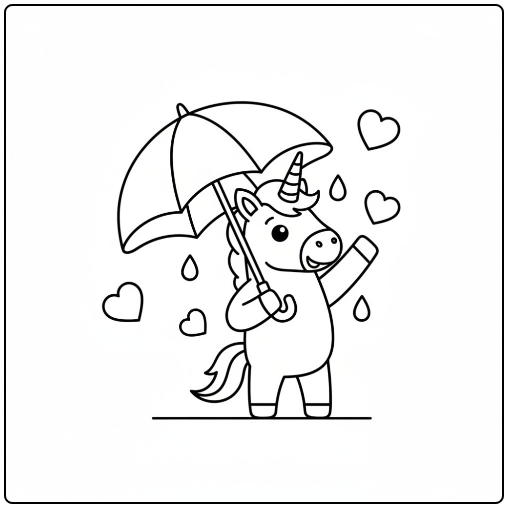 Schattige kleurplaat unicorn hartjes onder de paraplu in de regen.
