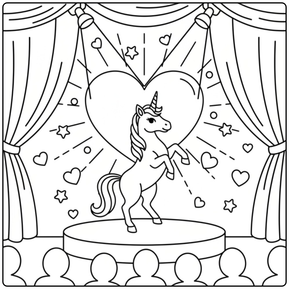 Eenhoorn kleurplaat unicorn hartjes op podium met lichtjes!