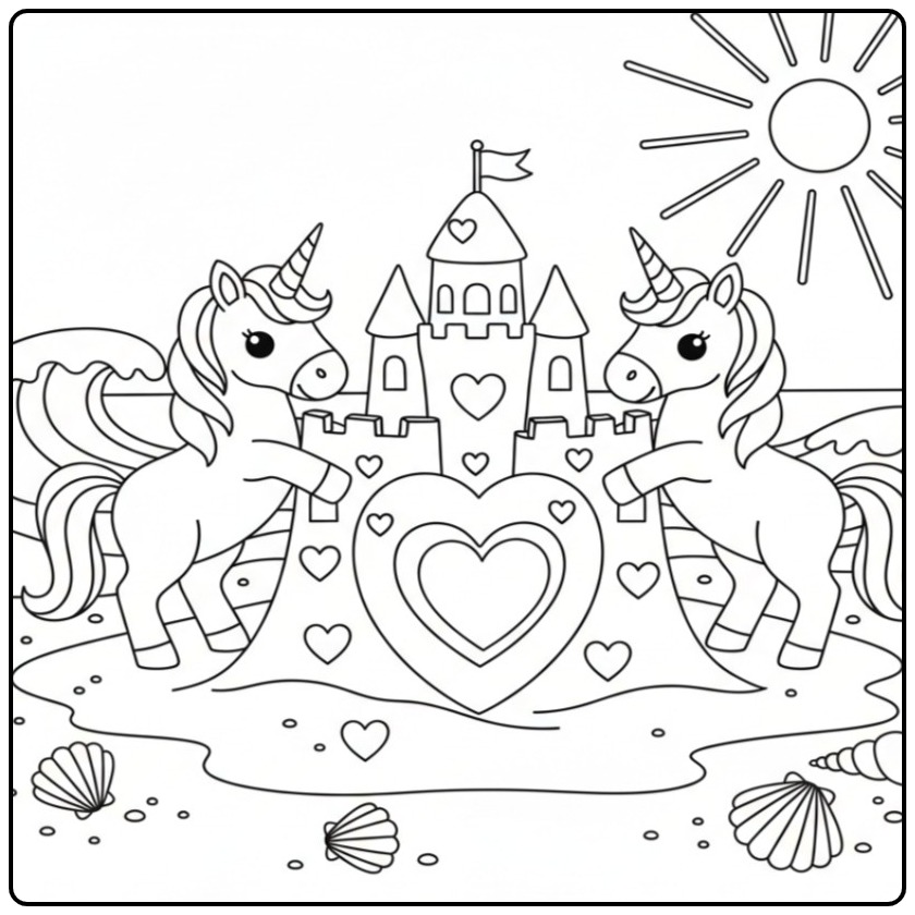 Kleurplaat unicorn hartjes met een kasteel op het strand.