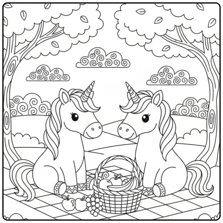 Twee eenhoorns met mand, een unicorn kleurplaat om te printen!