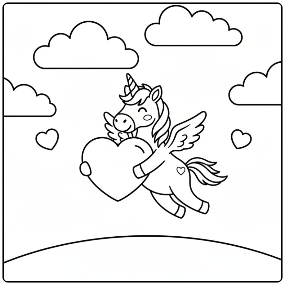 Unicorn met hartjes kleurplaat, vliegend in de wolken, kleurplaat unicorn hartjes
