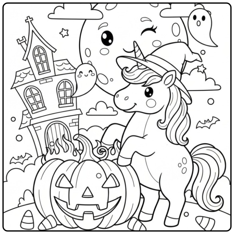 Kleur unicorn halloween kleurplaat! Mooie eenhoorn met pompoen.
