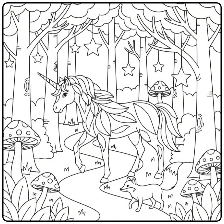Magische unicorn kleurplaat in het bos, print en kleur!