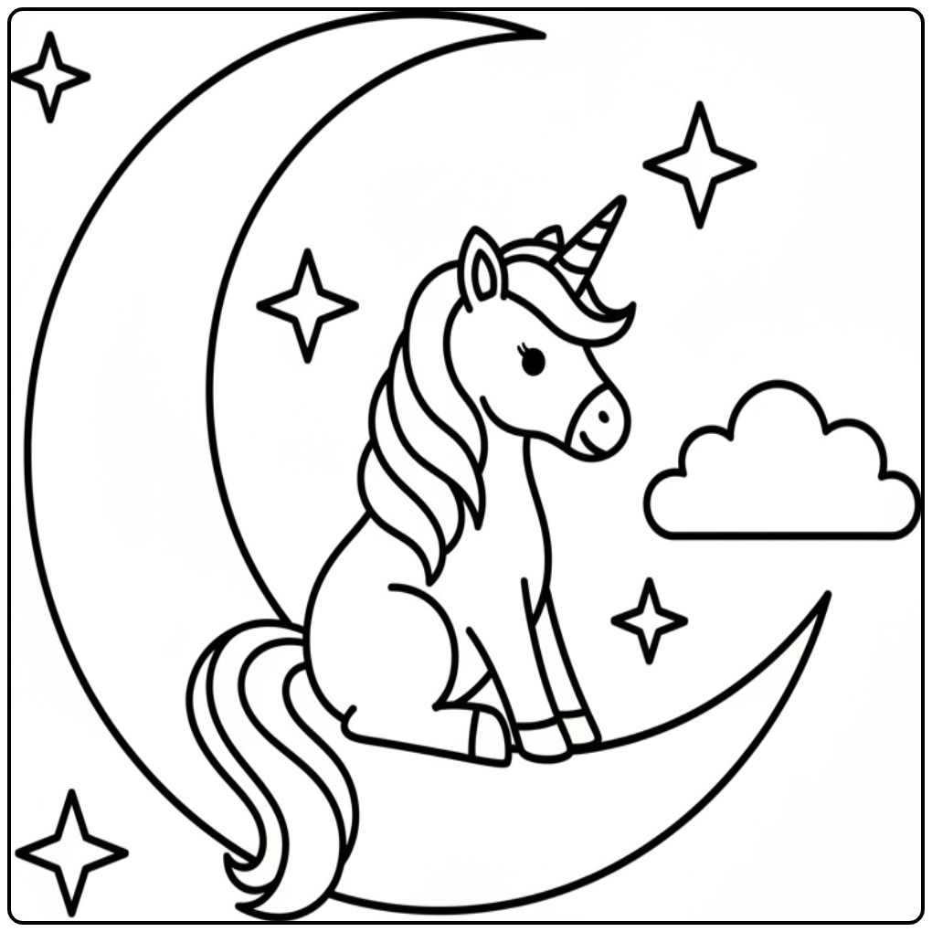 Maan en sterren met een unicorn kleurplaat afbeelding