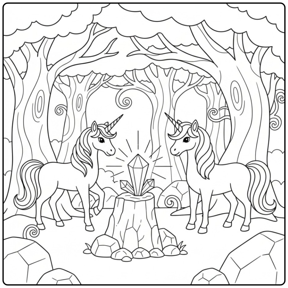 Betoverende unicorn kleurplaat met een magisch bos.