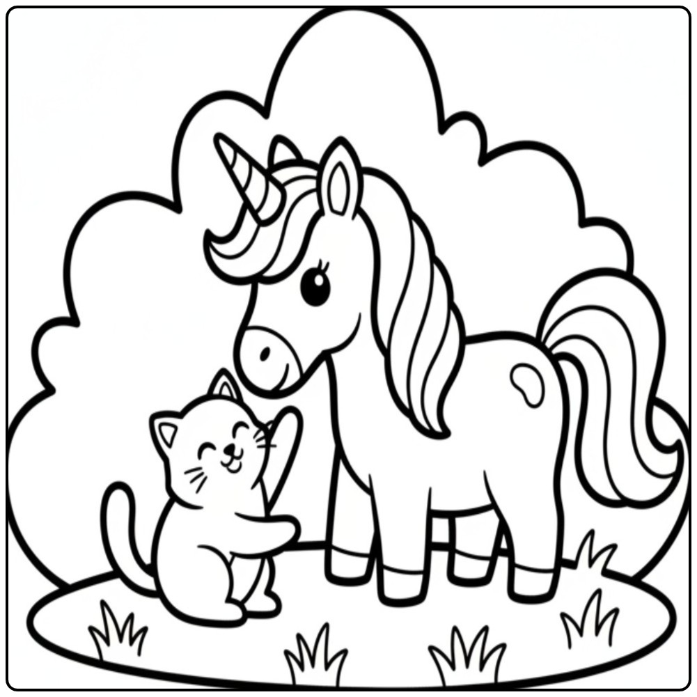 Schattige unicorn kleurplaat met een katje op gras