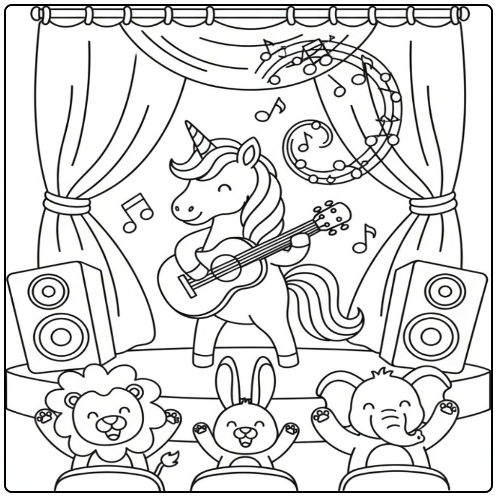 Eenhoorn kleurplaat met eenhoorn als gitarist op het podium.