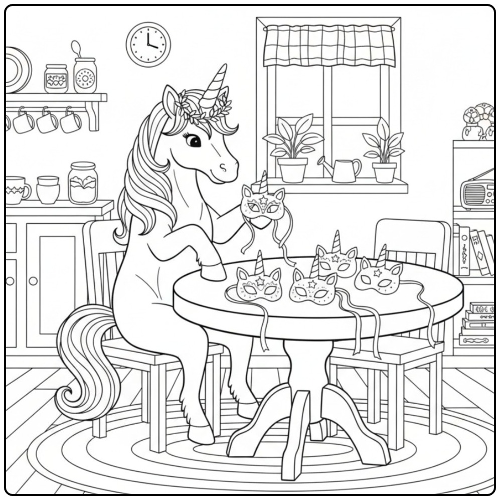 Eenhoorn met unicorn masker kleurplaat aan tafel. Kleur in!