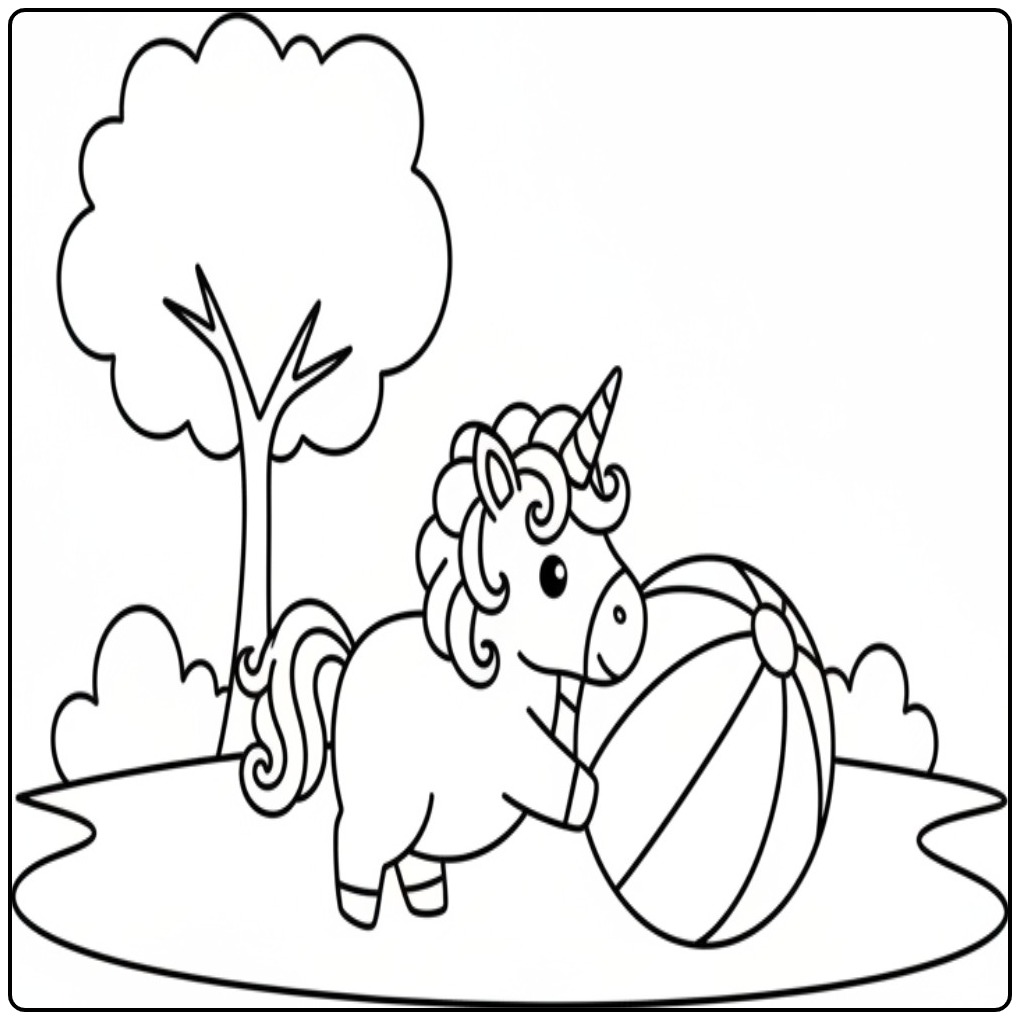 Leuke unicorn kleurplaat met eenhoorn en bal voor kinderen.