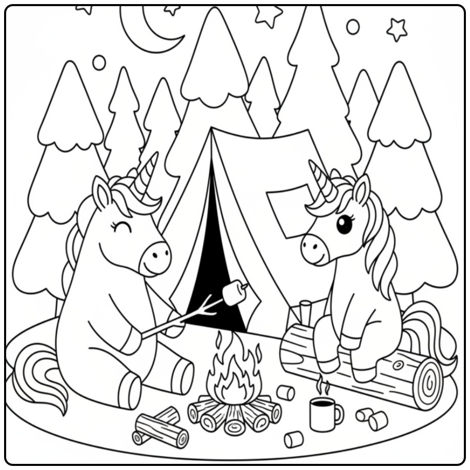 Leuke unicorn kleurplaat met eenhoorns bij het kampvuur.