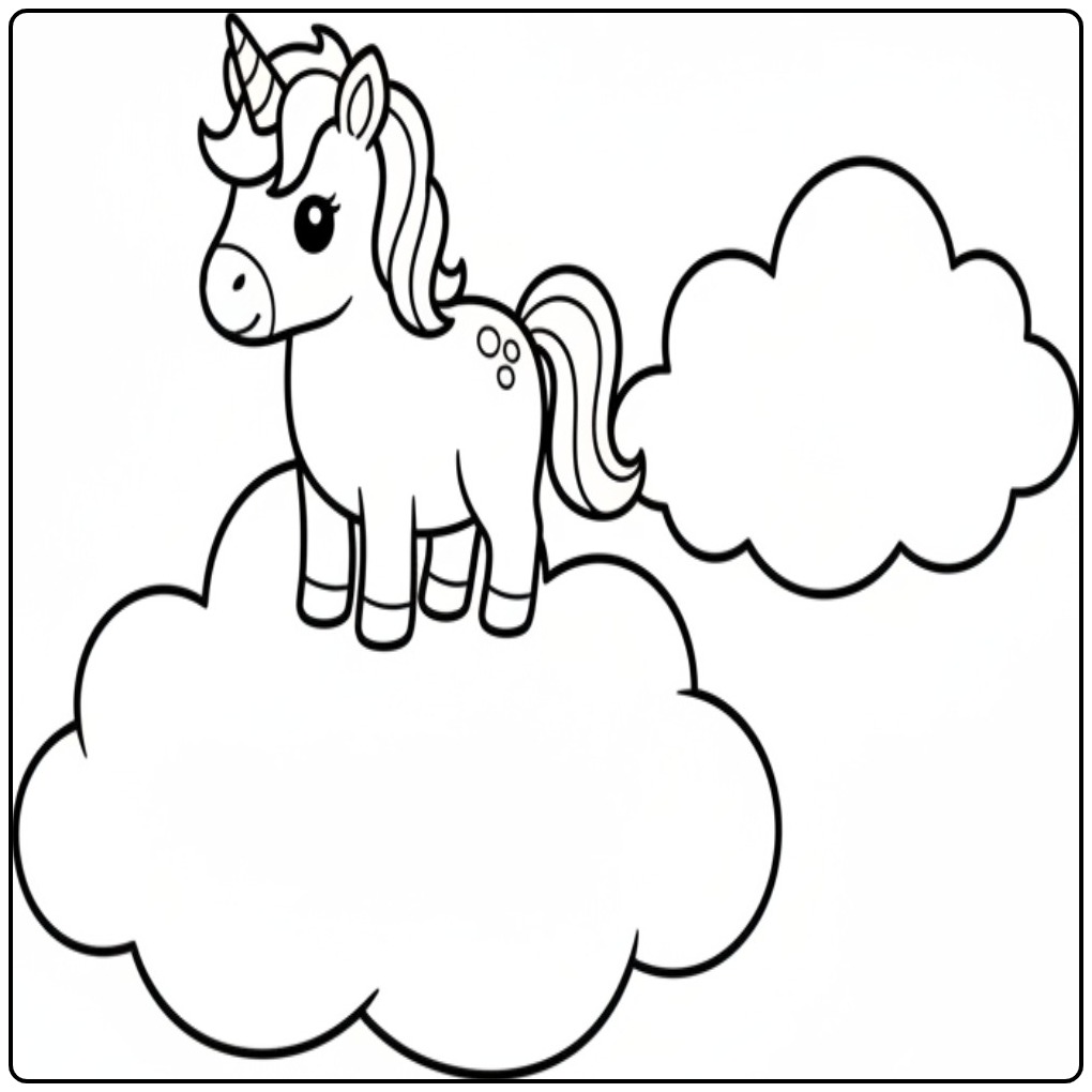Schattige unicorn kleurplaat op wolkje, perfect om in te kleuren!