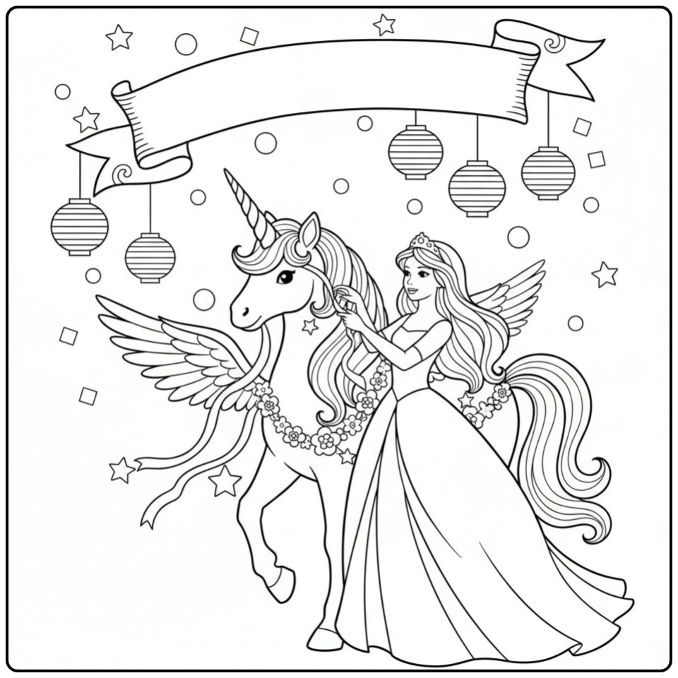 Kleurplaat prinses eenhoorn met kroon en vleugels, magisch!