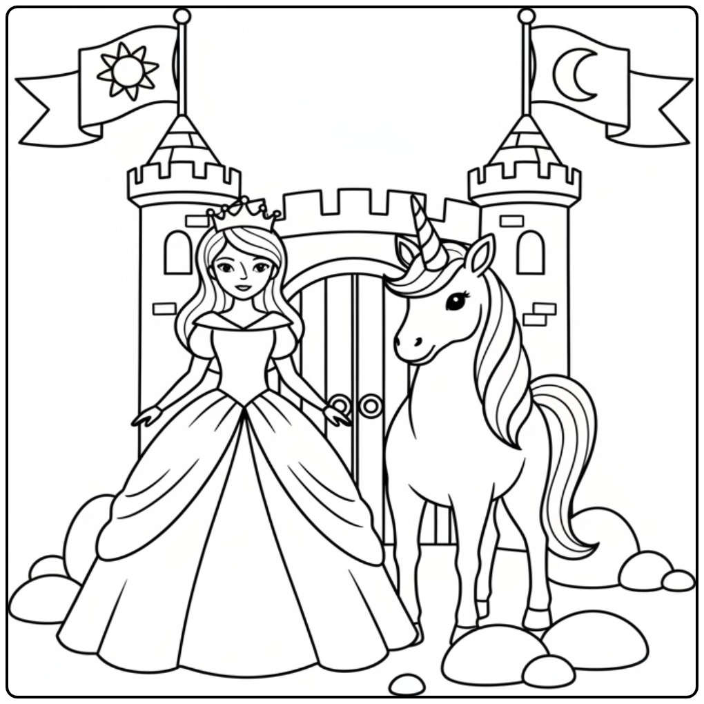 Kleurplaat prinses eenhoorn bij kasteel, klaar om in te kleuren!