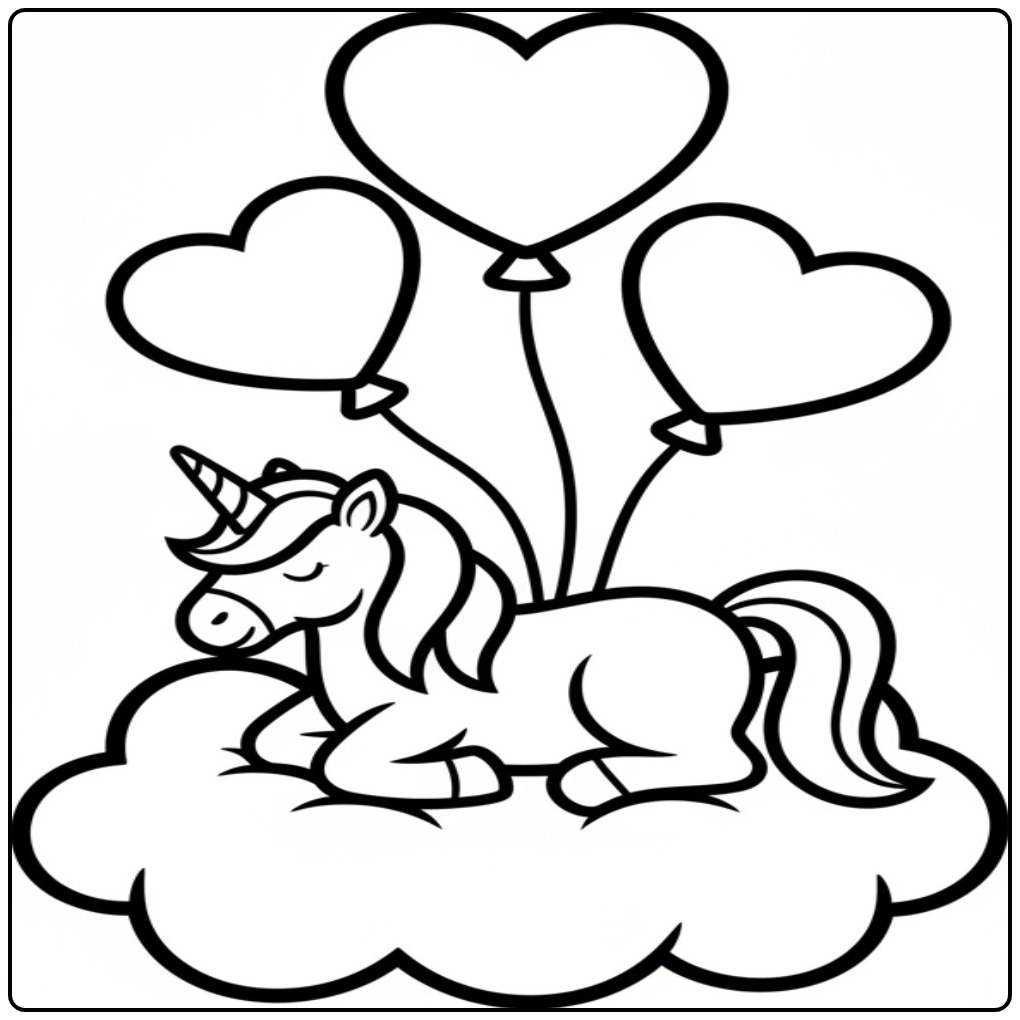 Kleurplaat unicorn hartjes, eenhoorn met hartjes ballonnen wolk