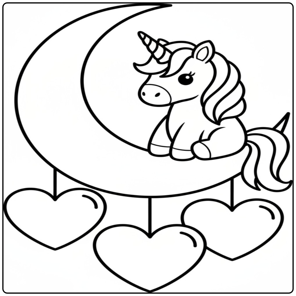 Kleurplaat unicorn hartjes, maan en dromerige harten