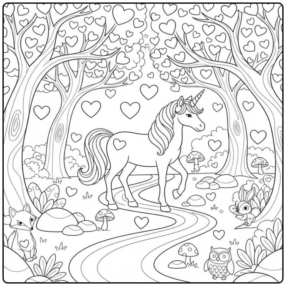Mooie kleurplaat unicorn hartjes in het bos, printen!