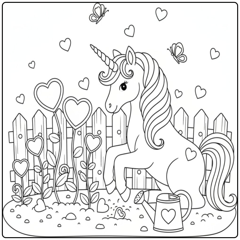 Kleurplaat unicorn hartjes in de tuin met vlinders en bloemen.