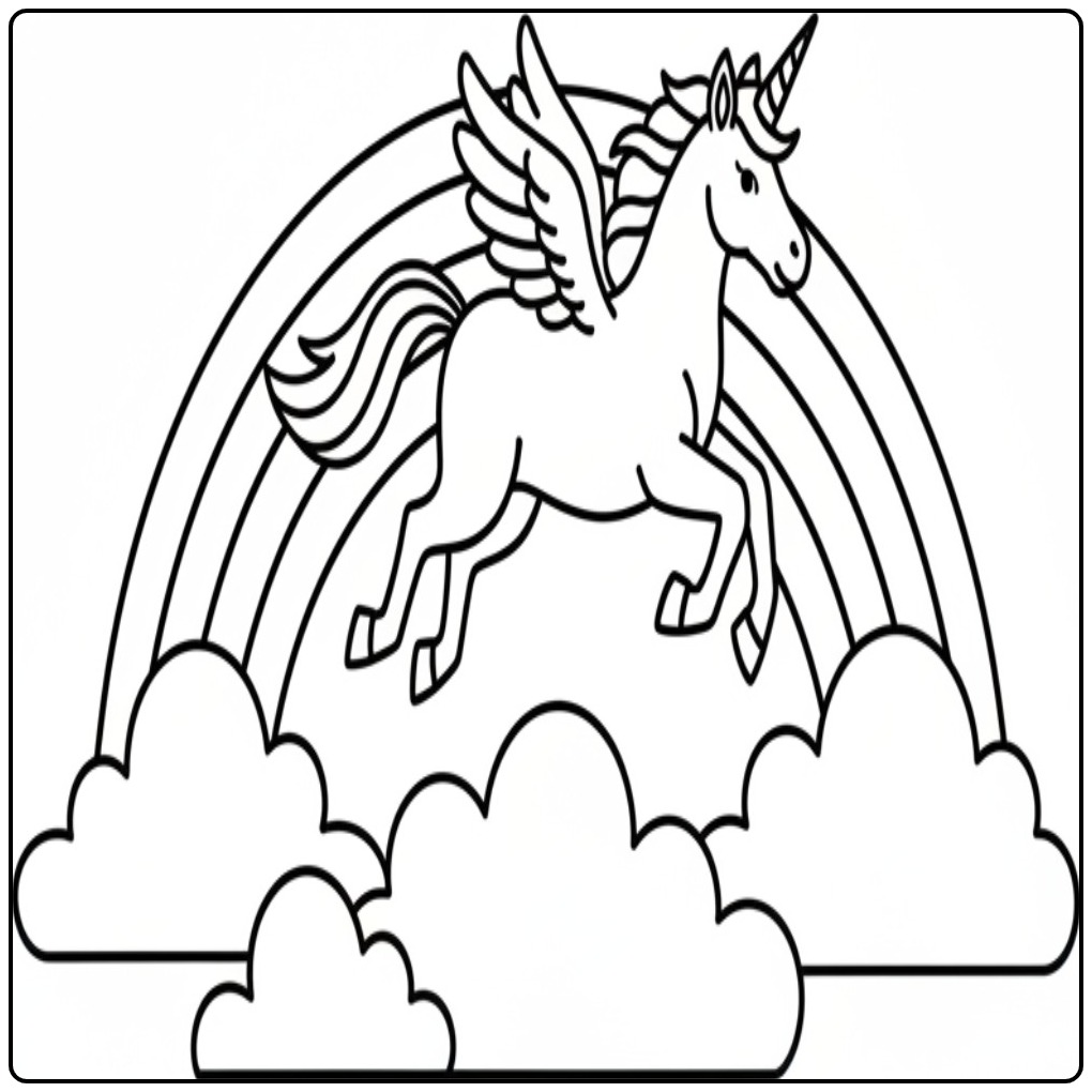 Magische unicorn kleurplaat met regenboog en wolken.